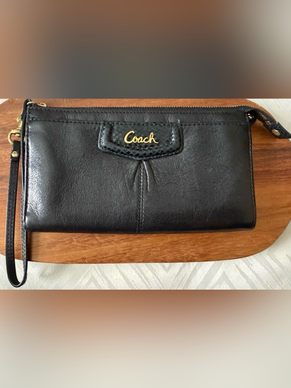 Coach Ashley Black Leather Wristlet Wallet Python Accents Bag